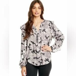 Chaser Women's Camo Ruffled Long Sleeve Blouse Size XS. NEW
